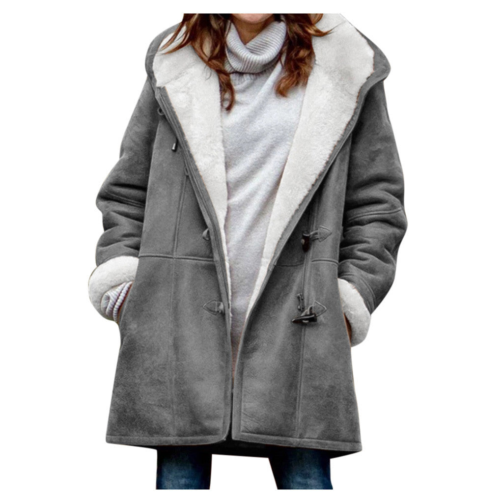 Winter Vintage Button Jackets Women's Warm Fleece Hooded Coat Casual Mid-Length Trench Top Outwear Clothing