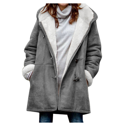Winter Vintage Button Jackets Women's Warm Fleece Hooded Coat Casual Mid-Length Trench Top Outwear Clothing