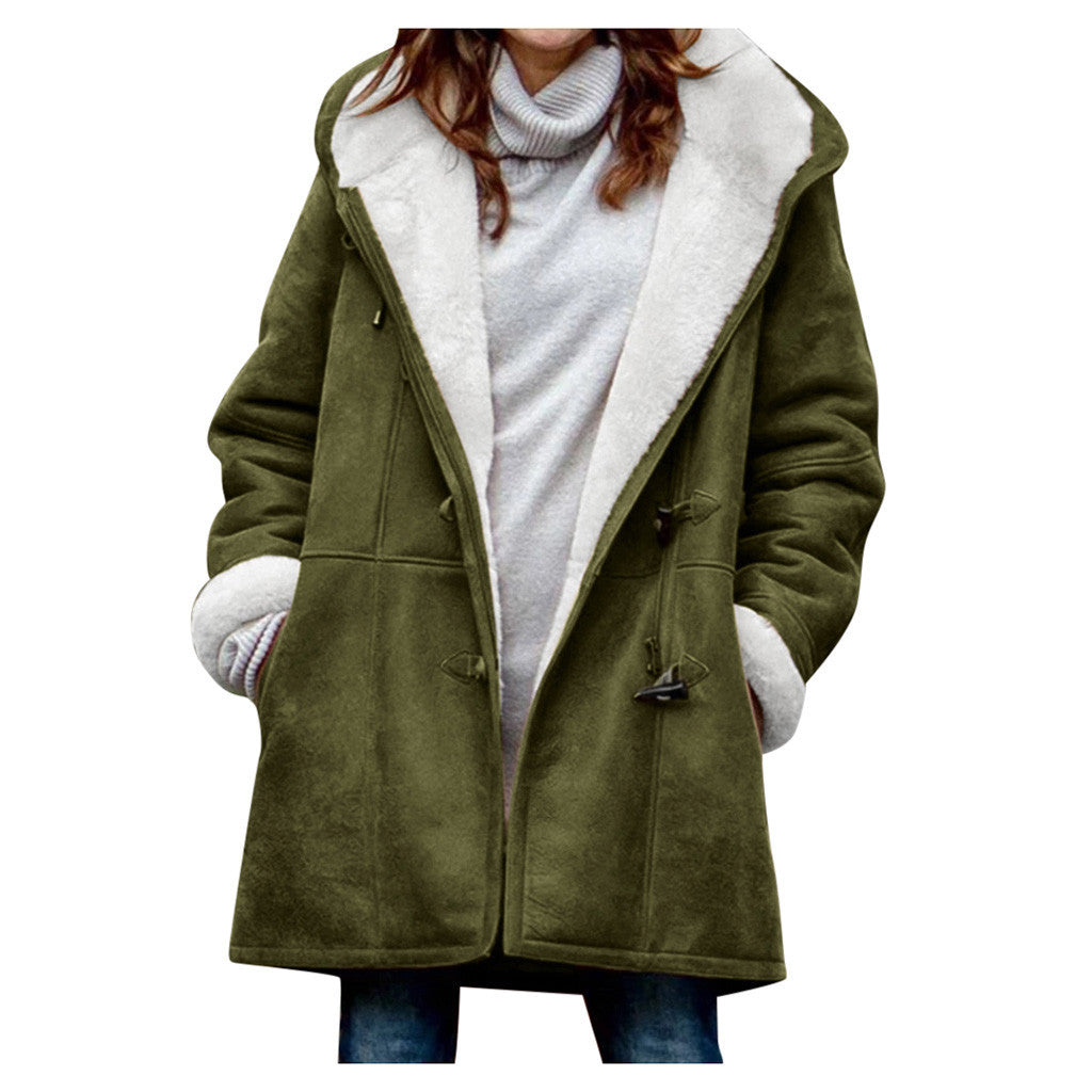 Winter Vintage Button Jackets Women's Warm Fleece Hooded Coat Casual Mid-Length Trench Top Outwear Clothing